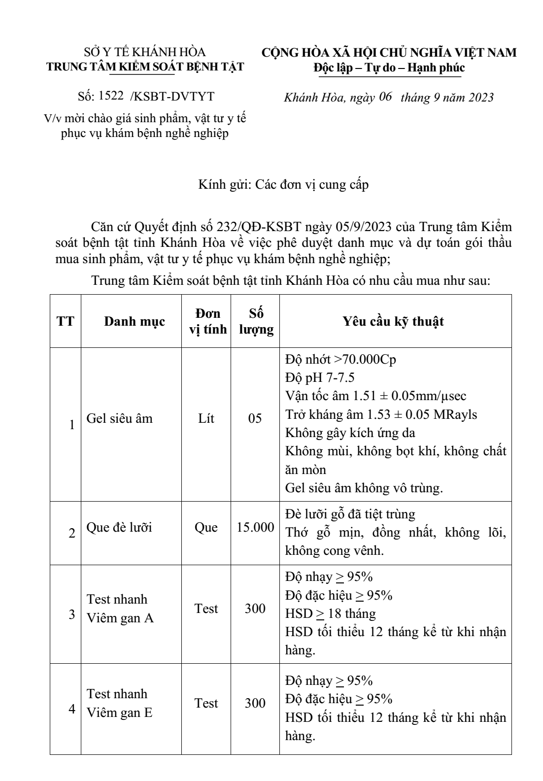 Mời chào giá sinh phẩm, vật tư y tế phục vụ khám bệnh nghề nghiệp